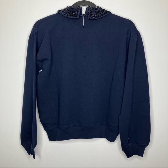 NWT J. CREW Crewneck Sweatshirt Crystal Embellished Collar Navy Blue XXS - Picture 3 of 6
